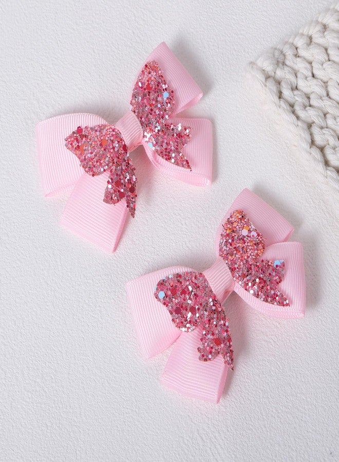 Miroksh 3" Glitter Light Pink Ribbon Pigtail Hair Bow Clips Set of 2 Sparkly Sequins Alligator Barrettes Hairpins for Toddler Teen Girls Kids Birthday, Wedding, Xmas Party, Back to School Gift - Image 2